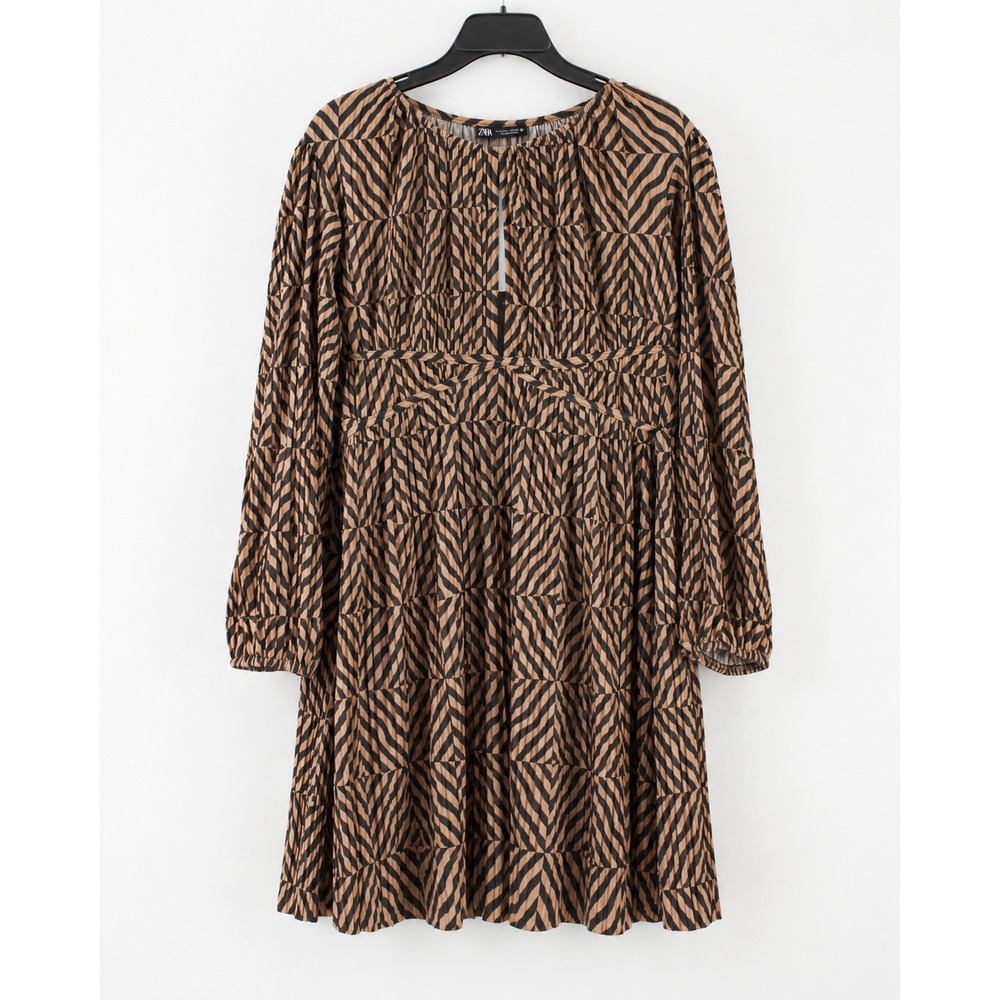 Zara Women Brown Geometric Chevron Pleated Mini Dress Long Sleeve Keyhole Large